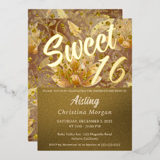 Golden Floral Sweet 16 Einladung Foil