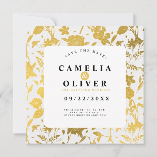 Golden Floral Wedding/Verlobung Save the Date (Vorderseite)