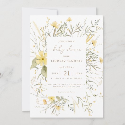 Golden Floral | Wildblume Babydusche Einladung (Vorderseite)