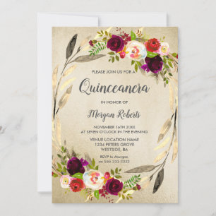 Golden Floral Wreath Quinceanera Einladung