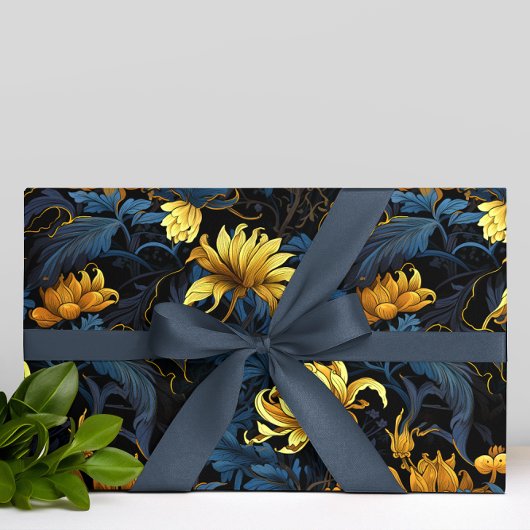 Golden Florals Dark Blue Blätter Schwarzer Hinterg Geschenkpapier