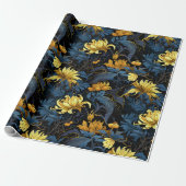 Golden Florals Dark Blue Blätter Schwarzer Hinterg Geschenkpapier (Ungerollt)