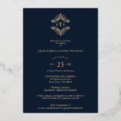 Golden Flourish Classic Ornament Photo Navy Blue Folieneinladung (Rückseite)