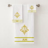 Golden Flower, Monogram and Stripes on White Badhandtuch Set (Insitu)