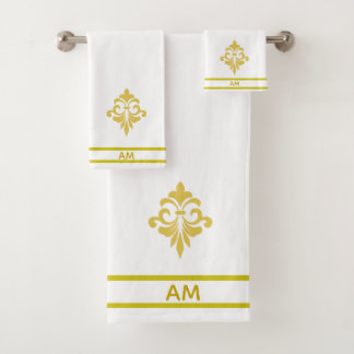 Golden Flower, Monogram and Stripes on White Badhandtuch Set