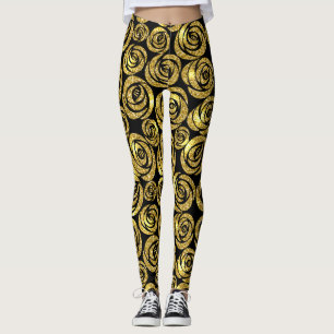 Golden Flowers on Black Background Leggings