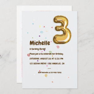 Golden Foil Balloon und Confetti 3. Geburtstags-Fo Einladung