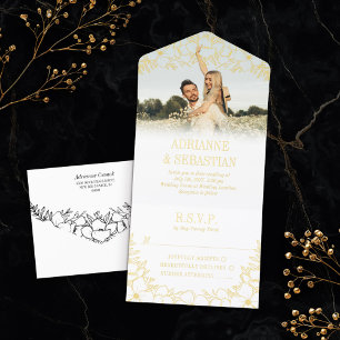 Golden Foil Floral Line Foto All-in-One-Einladung