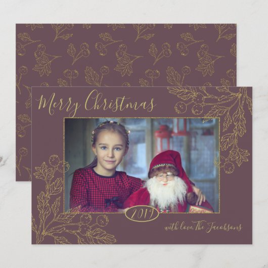 Golden Foil Winter Berries Foto Einladung (Vorne/Hinten)