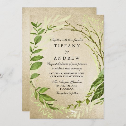 Golden Forest Leaf Wreath Einladung (Vorne/Hinten)