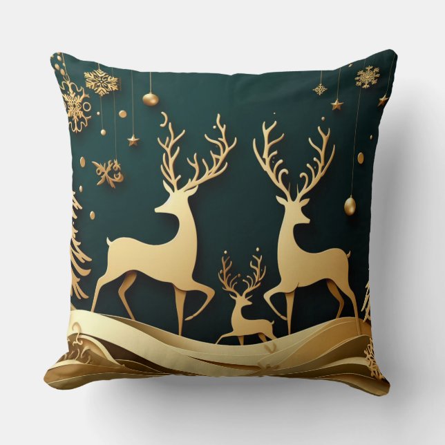 Golden Forest Waltz – Reindeer & Ornaments Kissen (Vorderseite)