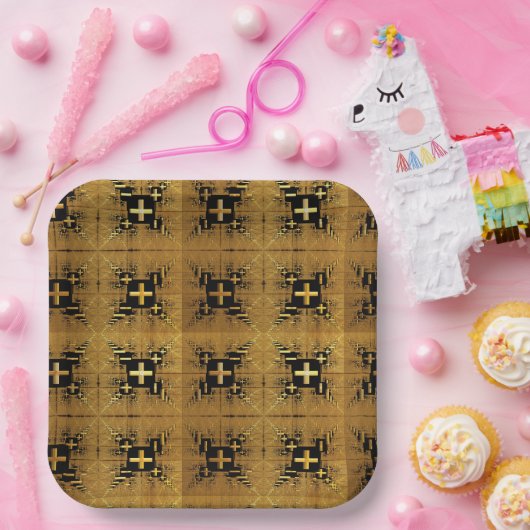 Golden Fraktal Crosses Pappteller (Party)