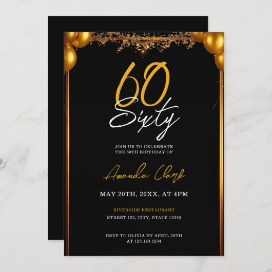Golden Frame Balloons Confetti 60. Geburtstag Einladung (Vorne/Hinten)