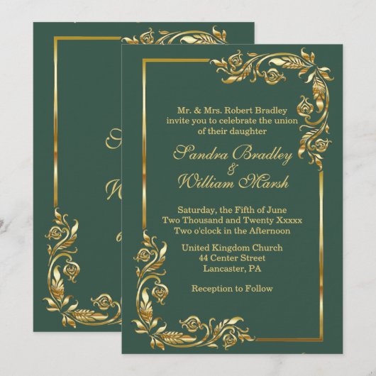 Golden Frame Eleganter Forest Green mit Gold Print Einladung (Vorne/Hinten)