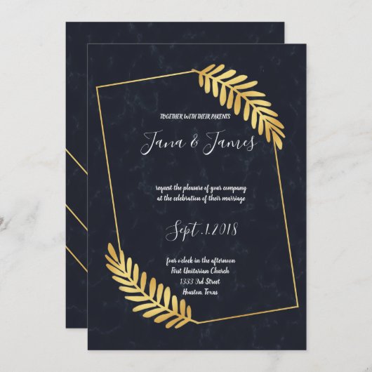 Golden Frame Navy Rückenhochzeit Einladung (Vorne/Hinten)