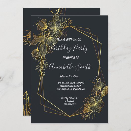 Golden Frame Navy zurück Geburtstagsparty Einladung (Vorne/Hinten)