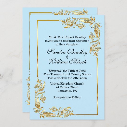 Golden Frame Traditional Blue Invitation Einladung (Vorne/Hinten)