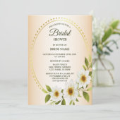 Golden Frame White Floral Peach Bridal Shower Einladung (Stehend Vorderseite)