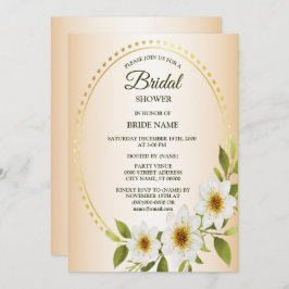 Golden Frame White Floral Peach Bridal Shower Einladung