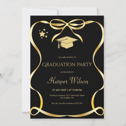 Golden Frame with Bow Graduation Invitation Einladung (Vorderseite)