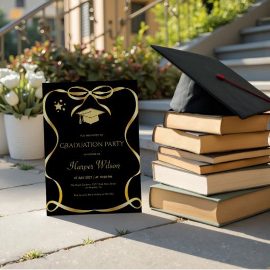 Golden Frame with Bow Graduation Invitation Einladung