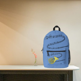 Golden French Horn Zeichne Swirled Music Staff Bedruckter Rucksack