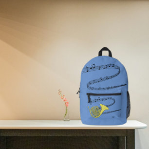 Golden French Horn Zeichne Swirled Music Staff Bedruckter Rucksack