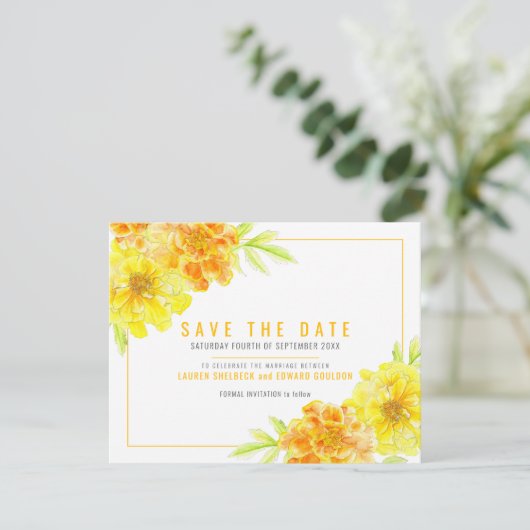 Golden gelben Marigold Blütenfarben Hochzeit Save The Date (Stehend Vorderseite)