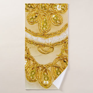 Golden gelber Spitzenstreifen. Hintergrundtextur,  Badehandtuch