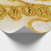 Golden gelber Spitzenstreifen. Hintergrundtextur,  Geschenkpapier (Ecke)