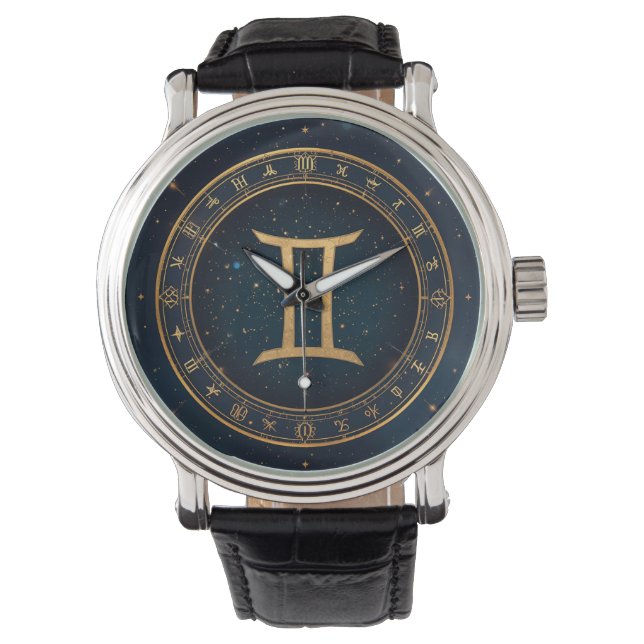 Golden Gemini Zodiac Circle With Starry Night Armbanduhr (Vorderseite)