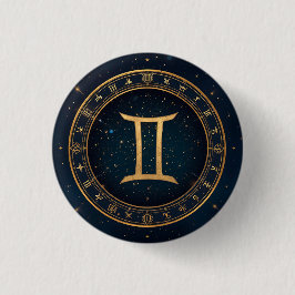 Golden Gemini Zodiac Circle With Starry Night Button