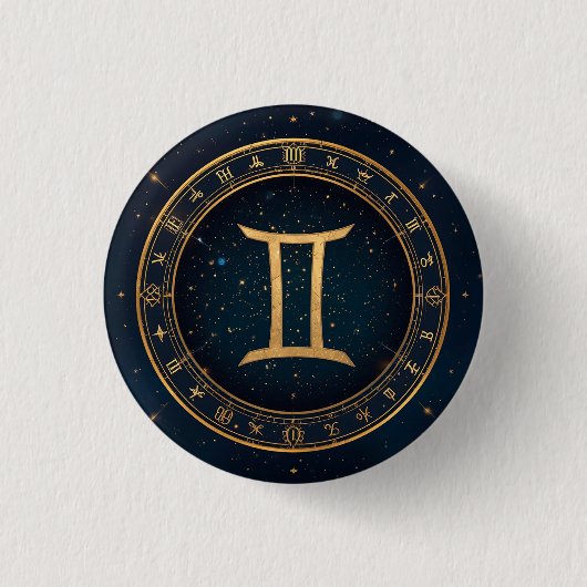 Golden Gemini Zodiac Circle With Starry Night Button (Vorderseite)
