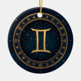 Golden Gemini Zodiac Circle With Starry Night Keramik Ornament