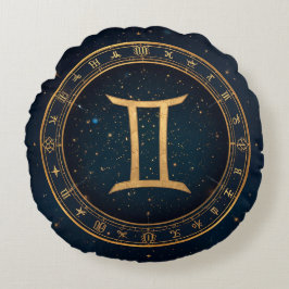 Golden Gemini Zodiac Circle With Starry Night Rundes Kissen