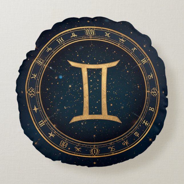 Golden Gemini Zodiac Circle With Starry Night Rundes Kissen (Vorderseite)