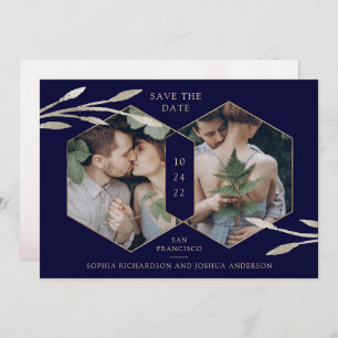 Golden Geometric Botanisches Zwei-Foto-Marinebla Save The Date