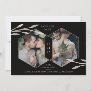 Golden Geometric Botanisches Zwei-Foto-Schwarz Save The Date