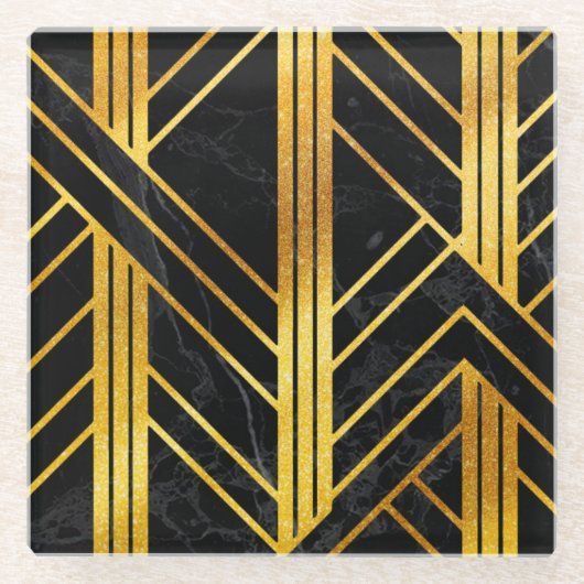 Golden Geometric Dimoned Art Deco on Black Marble Glasuntersetzer (Vorderseite)