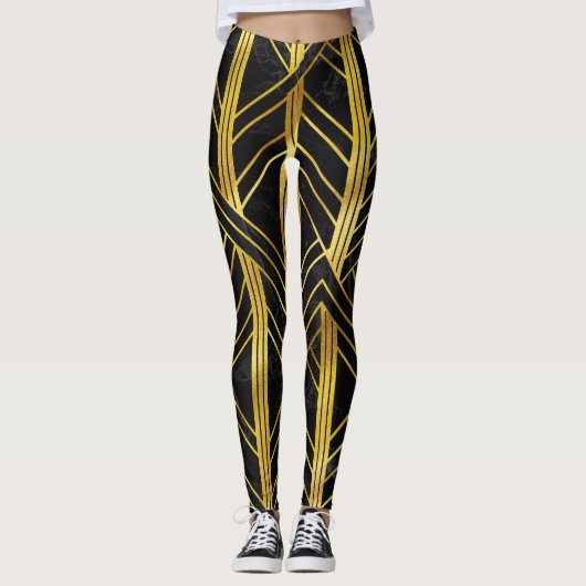 Golden Geometric Dimoned Art Deco on Black Marble Leggings (Vorderseite)