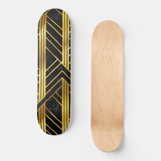 Golden Geometric Dimoned Art Deco on Black Marble Skateboard (Vorderseite)