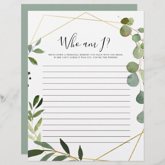 Golden Geometric Green Who I Brautparty Game (Vorne/Hinten)