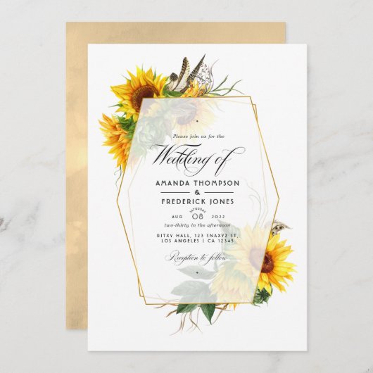 Golden Geometric Sunflowers Wedding Foto Einladung (Vorne/Hinten)