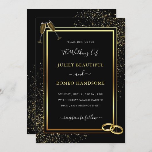 Golden Gerahmt Rings Black Gold Hochzeit Einladung (Vorne/Hinten)