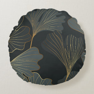 Golden Ginkgo: Luxuriöser floraler Deko. Rundes Kissen