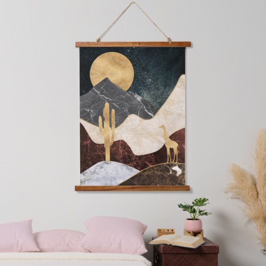 Golden Giraffe Wüste Landschaft & Marmorberg Wandteppich Mit Holzrahmen (Schlafzimmer)