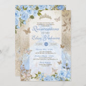 Golden Glam Aschenputella Blauer Schmetterling Qui Einladung (Vorne/Hinten)