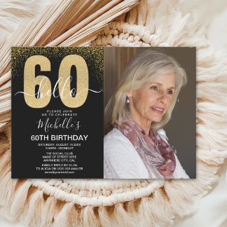 Golden Glitter "Hello 60" Photo Birthday Women Einladung