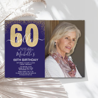 Golden Glitter "Hello 60" Photo Birthday Women Einladung