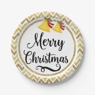 Golden Glittery Glocken Zickzack Frohe Weihnachten Pappteller